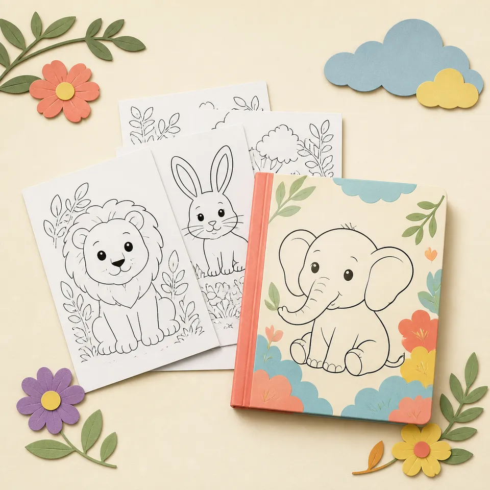 Colouring book pages featuring friendly animals