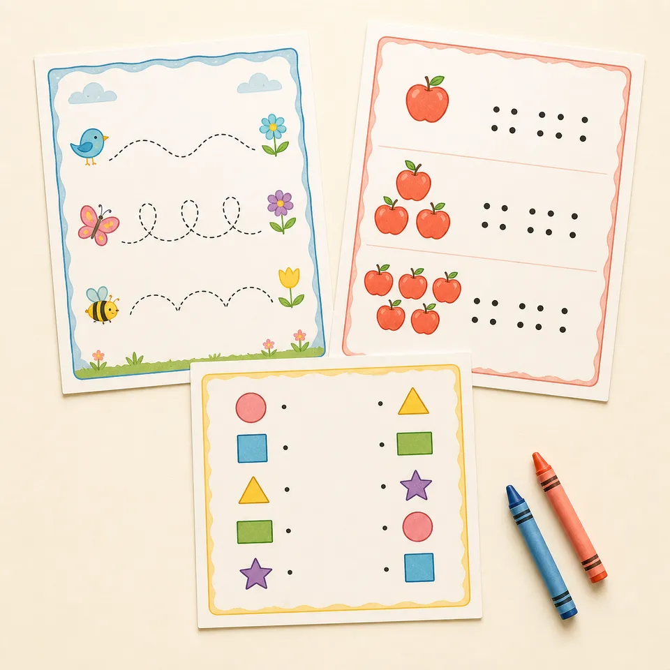 Preschool tracing, counting and matching printable activities