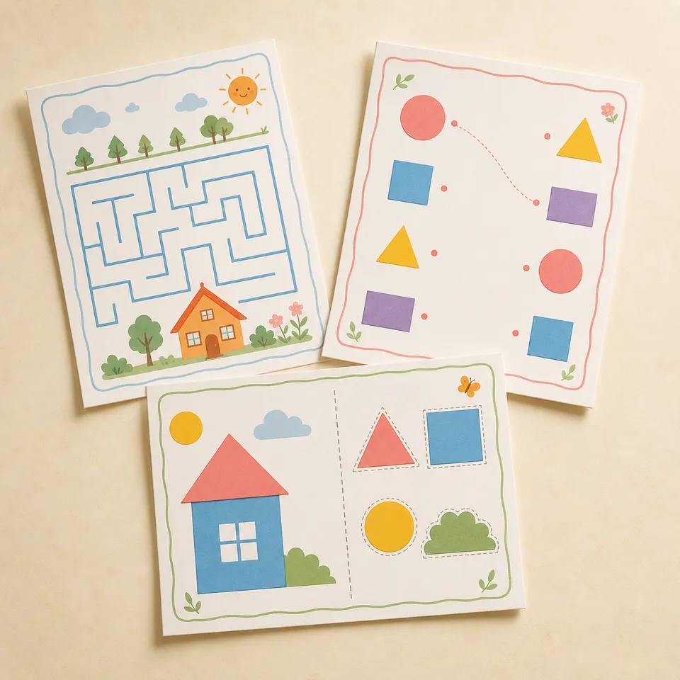 Printable maze, matching and shape activities for children