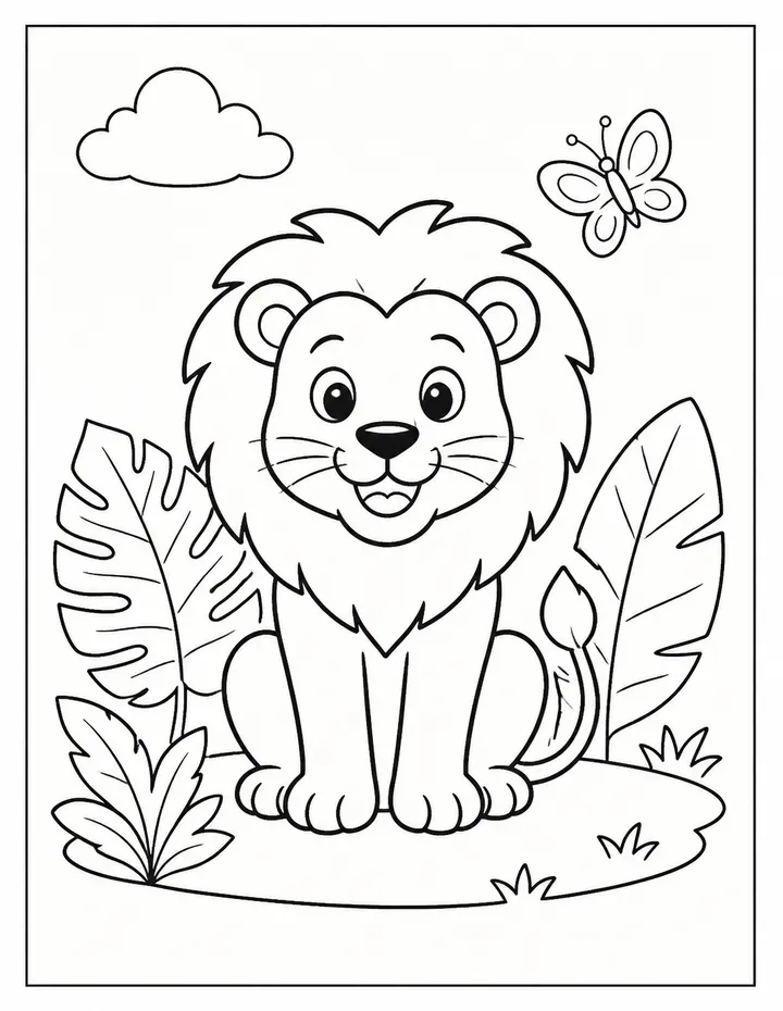 Friendly lion colouring page preview
