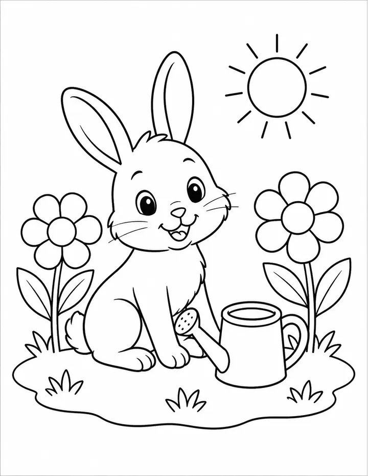 Rabbit garden colouring page preview
