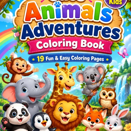 Cute Animals Adventures printable coloring book with 19 pages for children ages 3 to 7