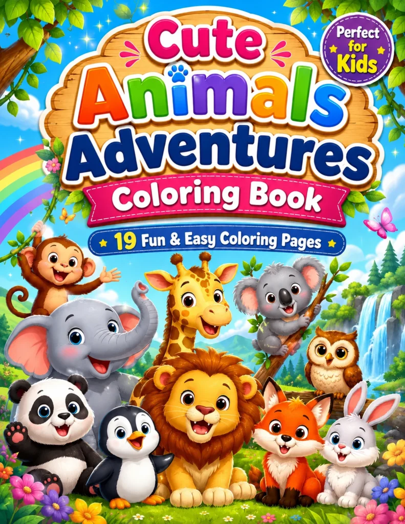 Cute Animals Adventures printable coloring book with 19 pages for children ages 3 to 7