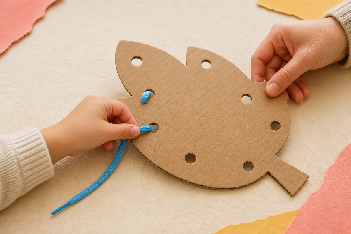 Child threading a short blue lace through a cardboard leaf while an adult steadies it