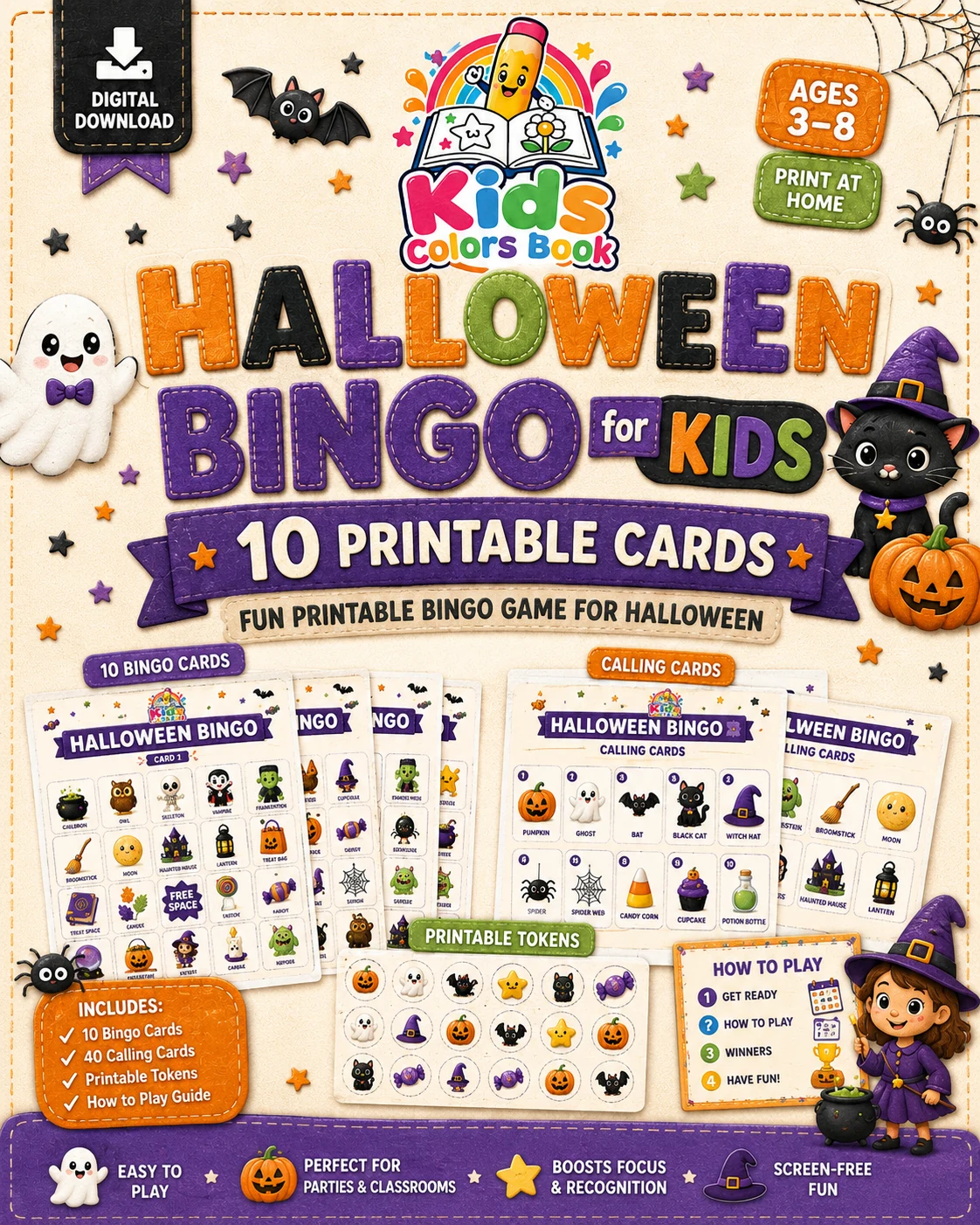 Halloween Bingo for Kids - 10 Printable Cards