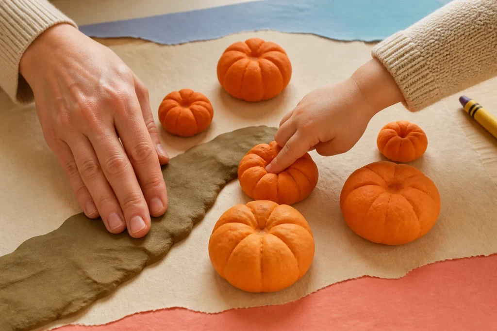Adult and preschooler shaping orange play-dough pumpkins together