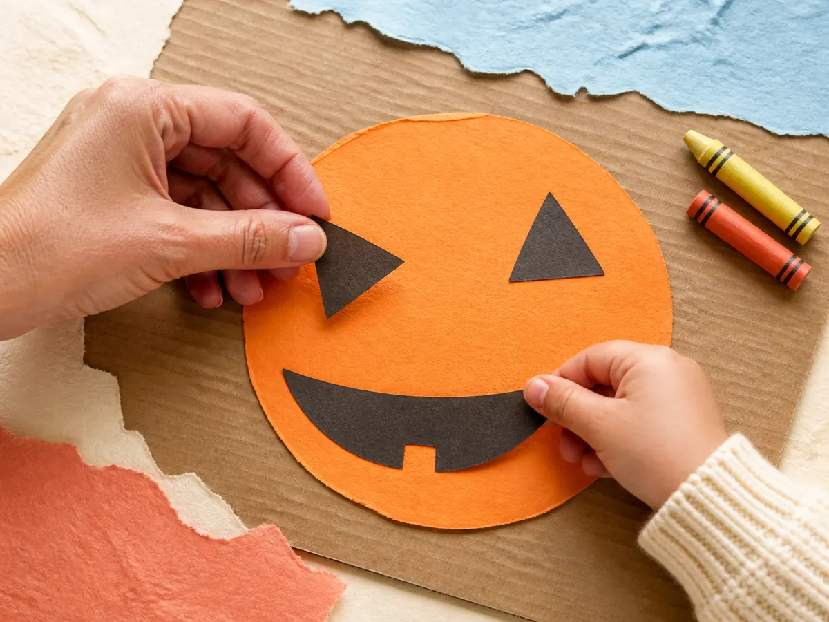 Adult and preschooler making a friendly paper pumpkin face together