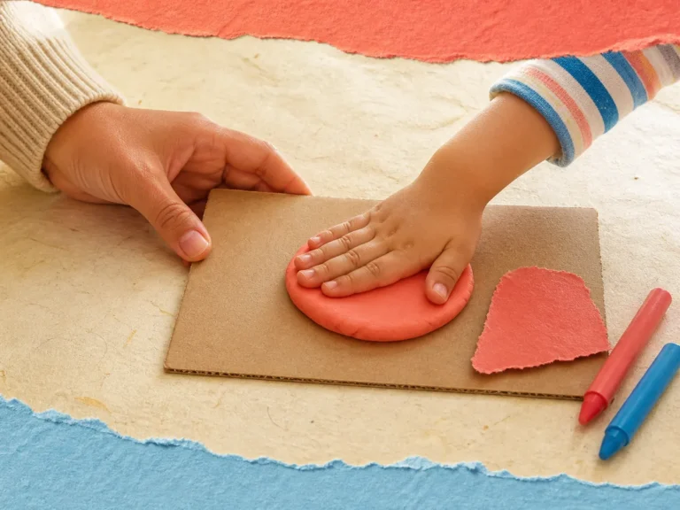 Adult and preschool child press play dough onto cardboard together.