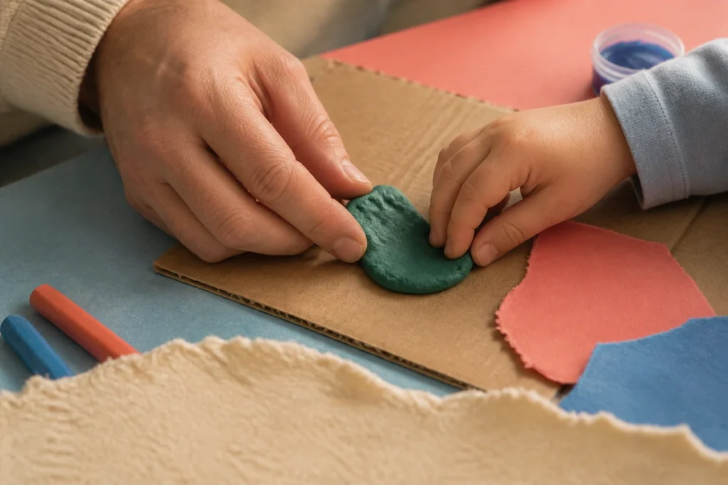 Adult and preschool child shape play dough together on cardboard.