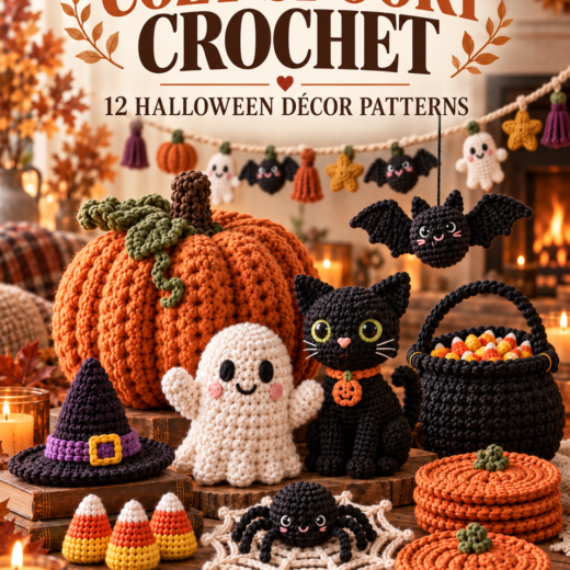 Orange crochet pumpkins, ghost, black cat, bat, witch hat, candy corn, spider web, basket and coasters in an autumn display.