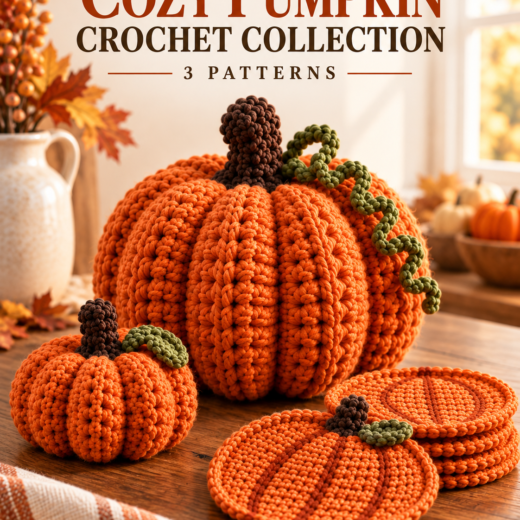 Large ribbed and mini orange crochet pumpkins beside pumpkin-shaped coasters.