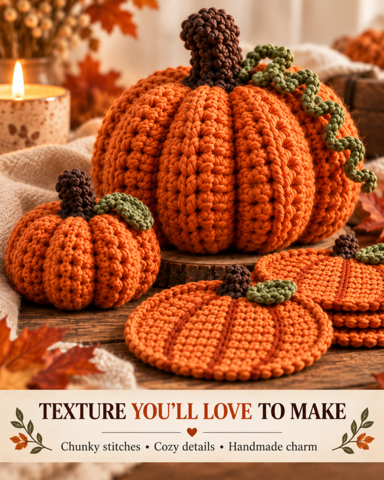 Approved KCB pumpkin collection gallery showing pumpkin forms, yarn texture and flat pumpkin-shaped coasters.