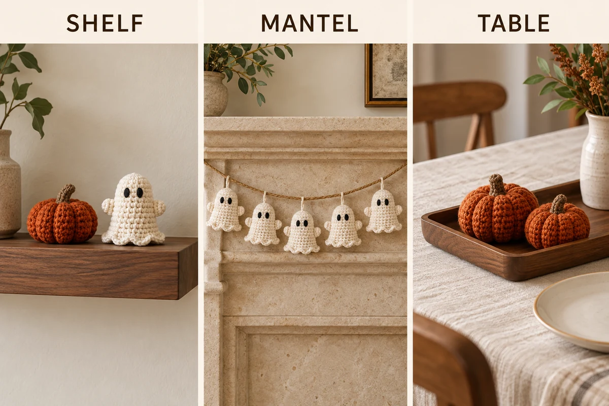 Editorial comparison of upright shelf decorations, a hanging mantel garland and a low pumpkin tray on a table.
