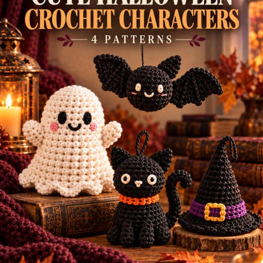 White crochet ghost, smiling black bat, black cat ornament and miniature witch hat.