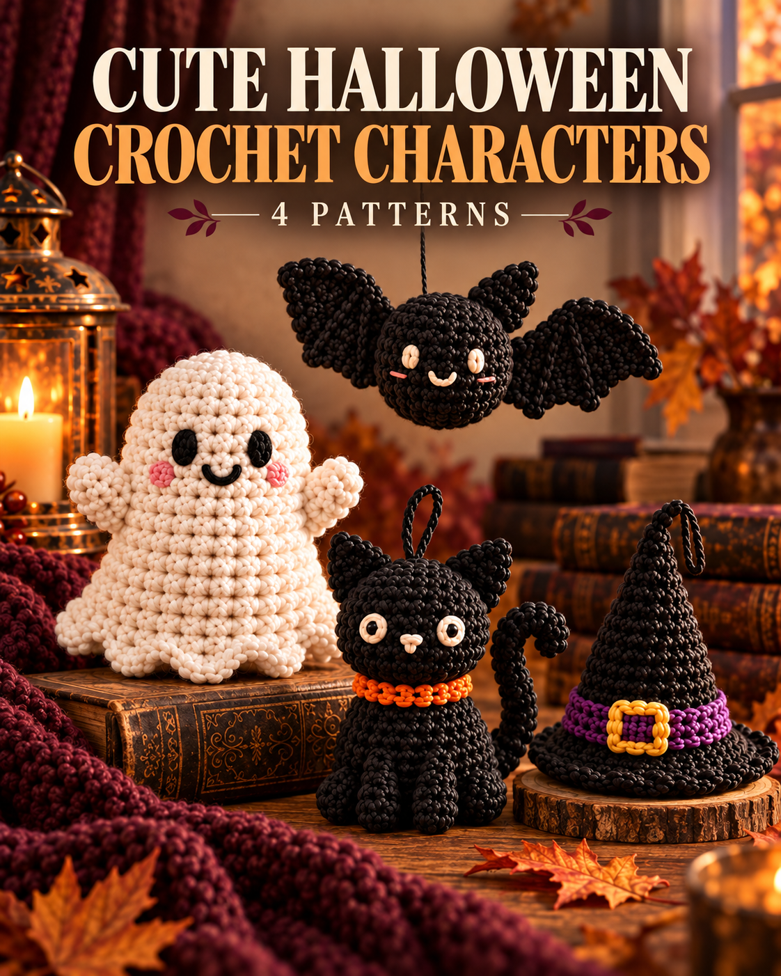 White crochet ghost, smiling black bat, black cat ornament and miniature witch hat.
