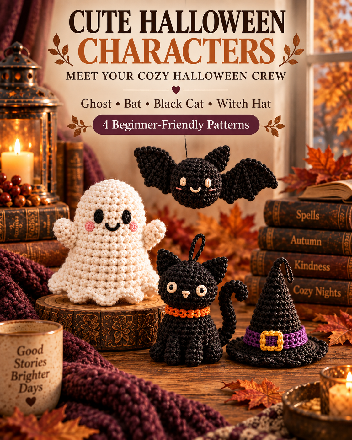 Standing ghost, bat, black cat and purple-banded witch hat arranged together in a cozy room.