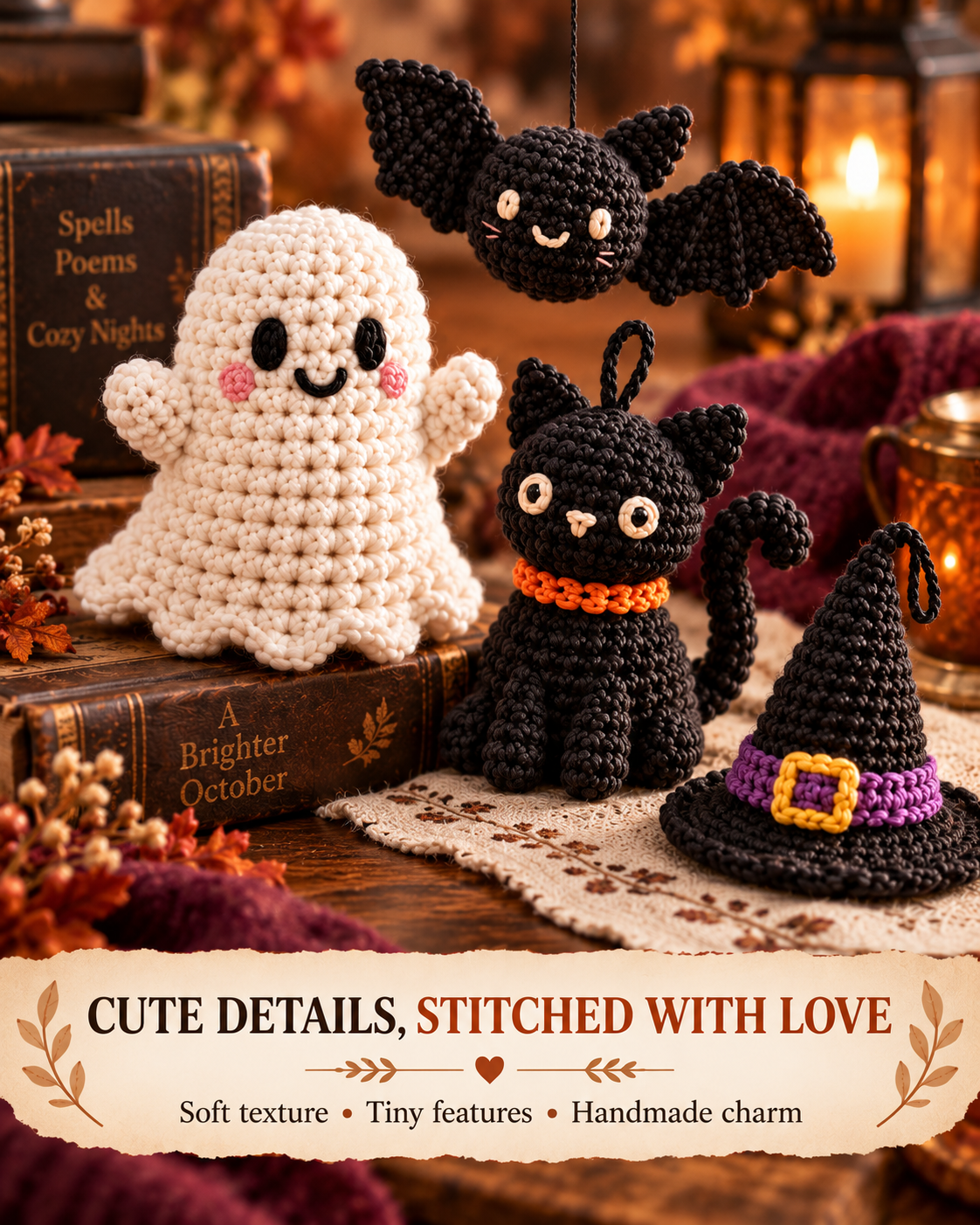 Close view of the yarn texture on a white ghost, black cat, bat and miniature witch hat.