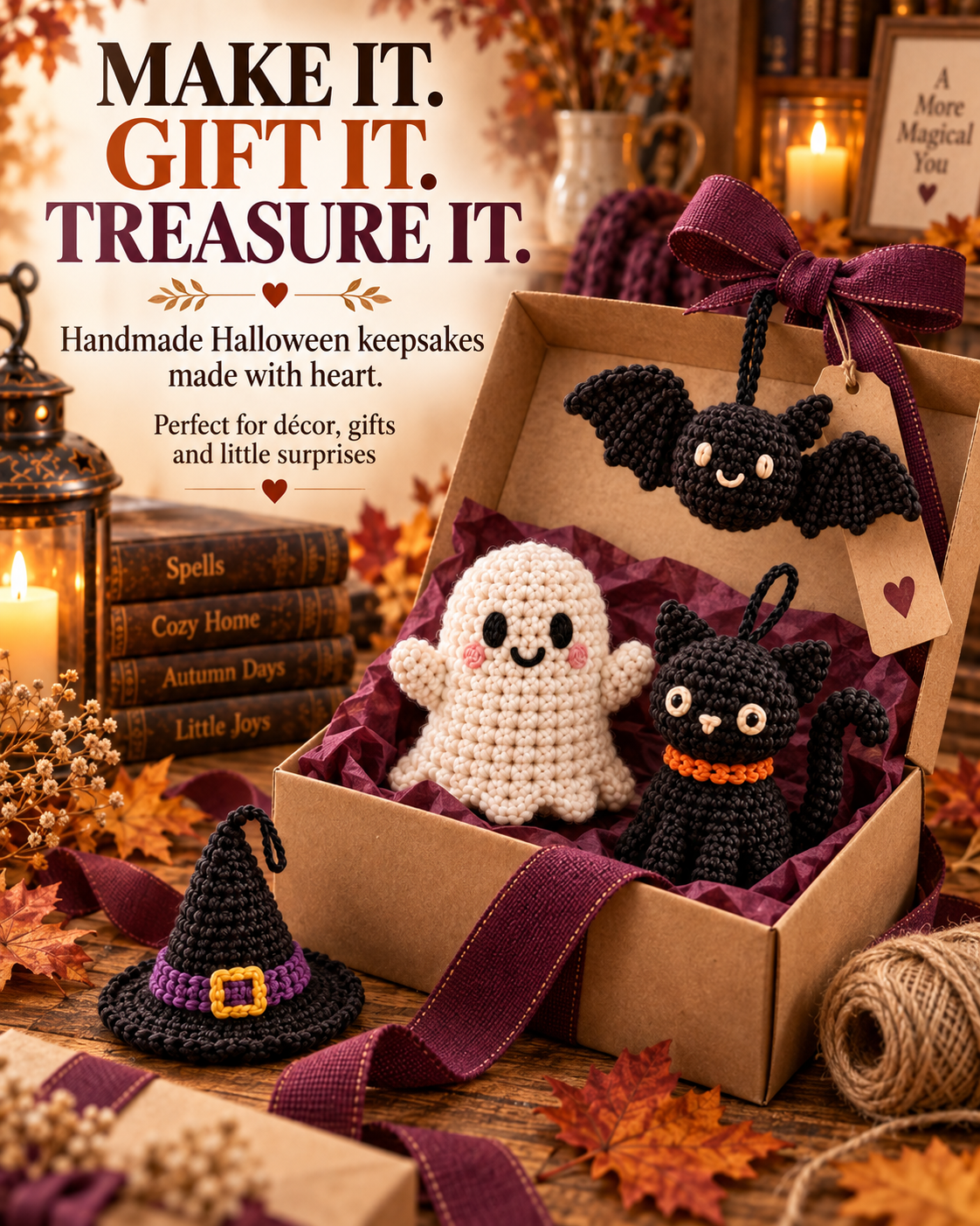 Crochet ghost and black cat in a burgundy-ribbon gift box with a bat and witch hat nearby.