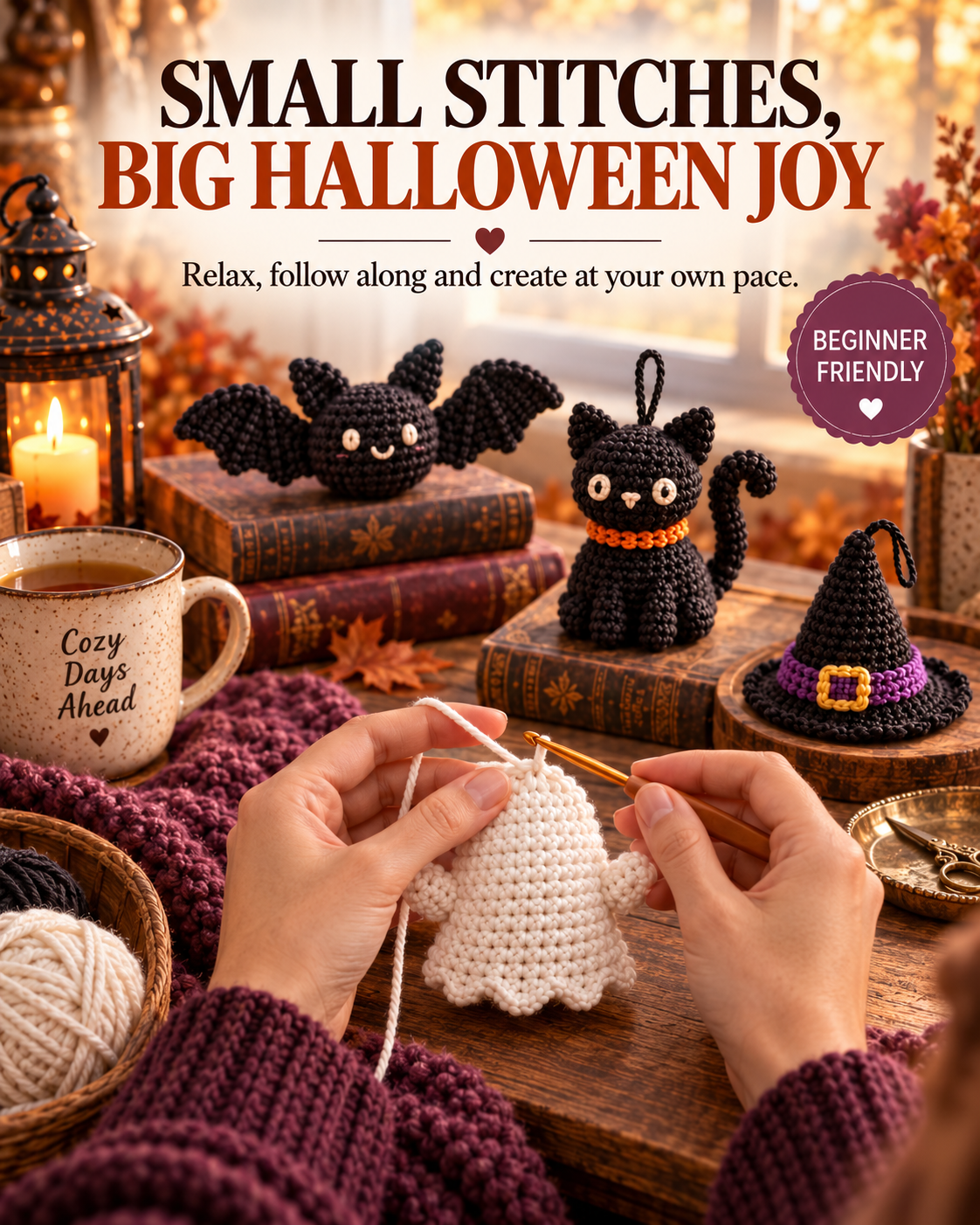Hands crocheting a white ghost beside a black cat, bat, miniature witch hat and mug.