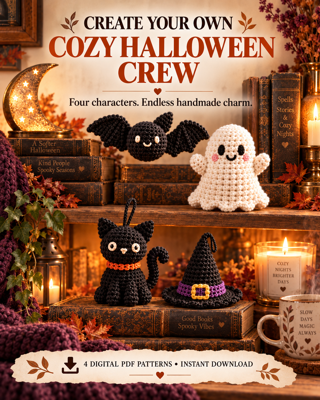 Two styled scenes featuring a crochet ghost, bat, black cat and miniature witch hat.