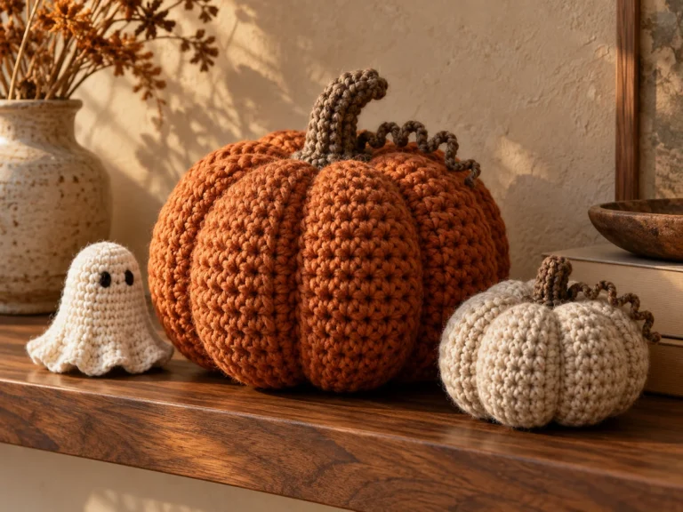 Illustrative Halloween crochet display with a textured orange pumpkin, cream pumpkin and small ivory ghost on a walnut shelf.
