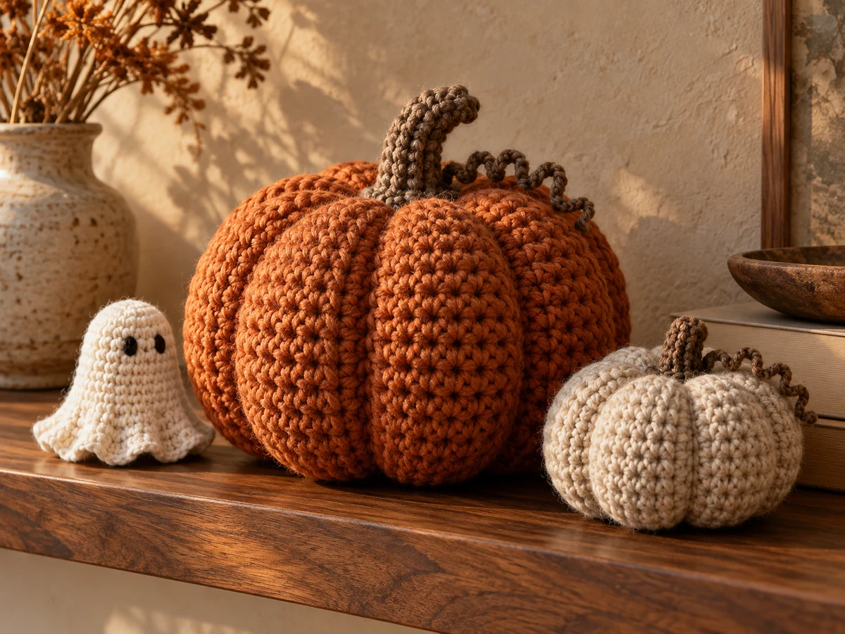 Illustrative Halloween crochet display with a textured orange pumpkin, cream pumpkin and small ivory ghost on a walnut shelf.