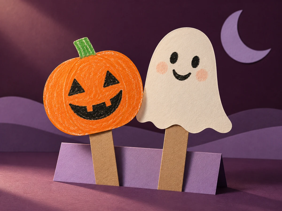 Homemade pumpkin and ghost paper puppets with wide card handles against a purple paper backdrop.