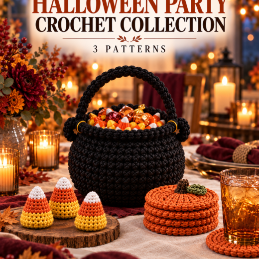Three crochet candy corns, a black cauldron basket and stacked pumpkin-shaped coasters.