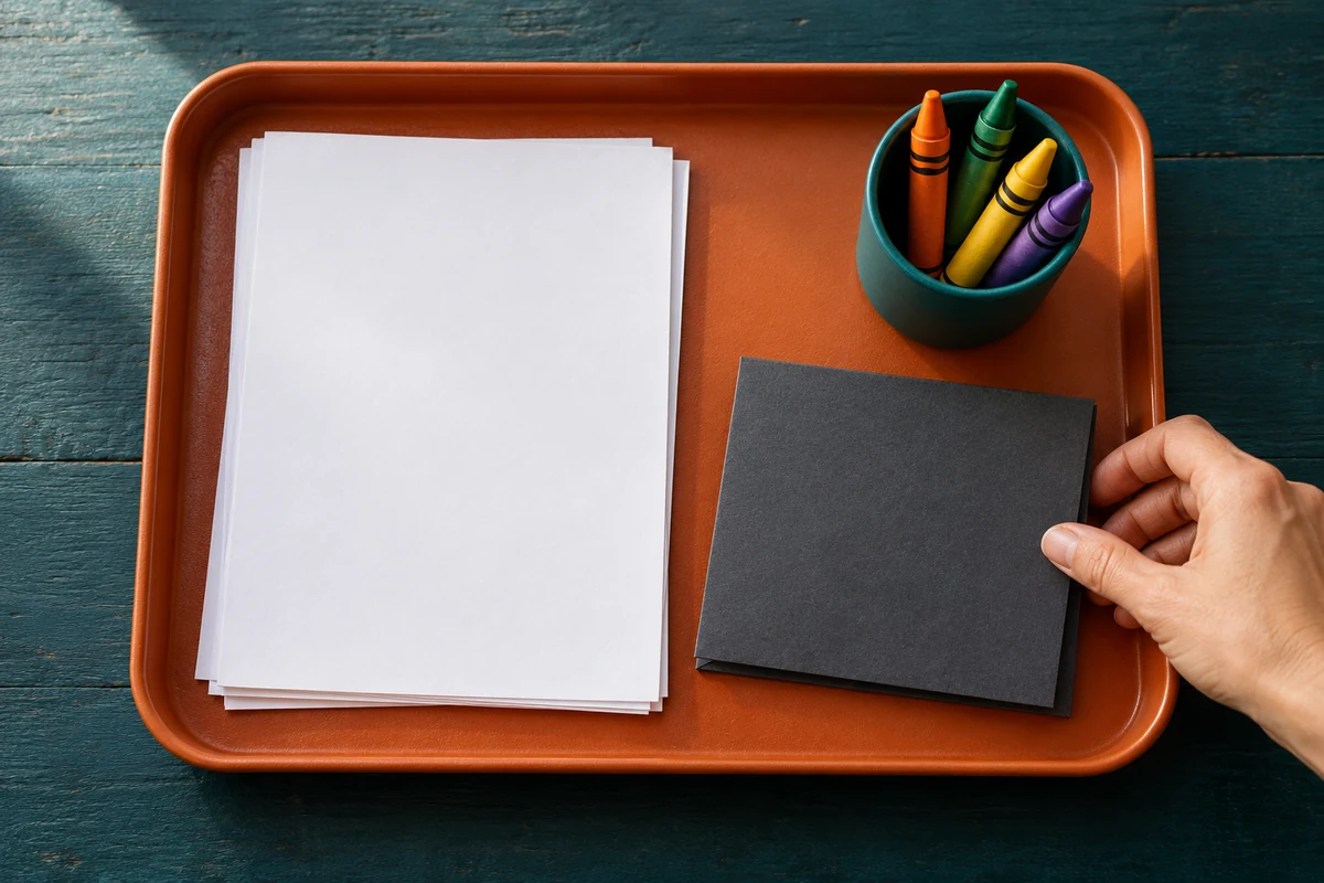 An adult places a folder beside blank paper and chunky crayons in a party preparation tray.