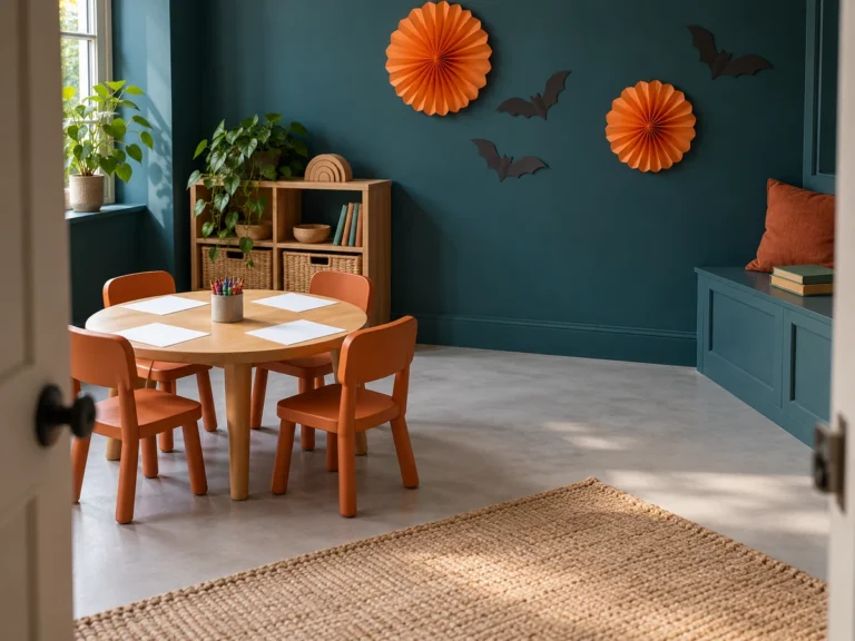 A small Halloween party room with orange chairs, blank drawing paper and paper bats on a teal wall.