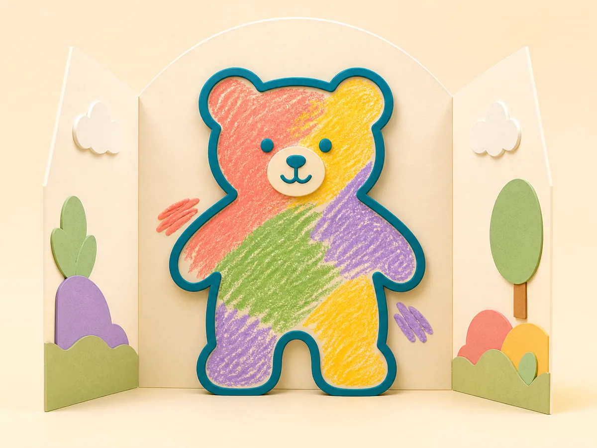 Colorful tactile paper animal showing gentle practice with bold coloring boundaries