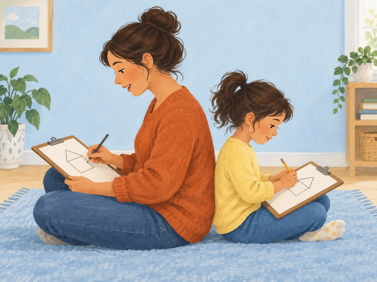 Illustration of an adult and child sitting back-to-back with separate drawing boards.