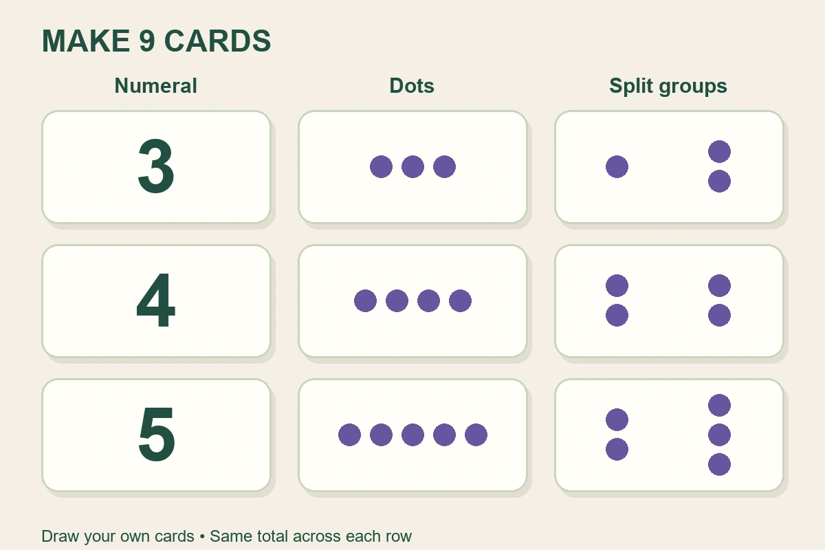 Nine homemade card examples: numerals 3, 4 and 5, matching dot rows, and split groups of 1 and 2, 2 and 2, and 2 and 3.
