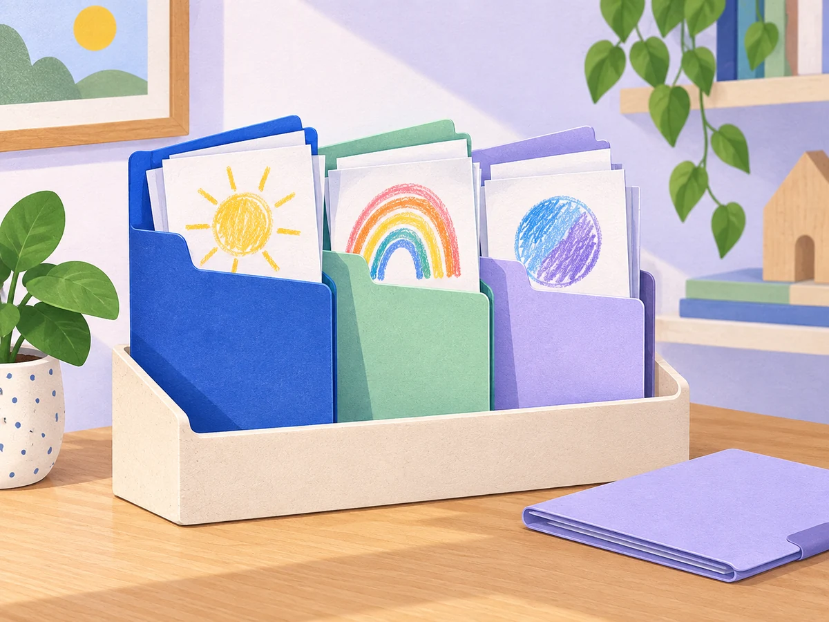 Blue, mint and lavender folders holding homemade drawings in a home paper organizer
