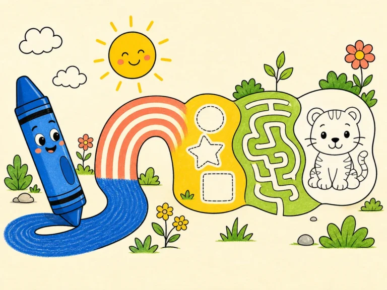 A cheerful crayon path moving through arches, shapes, a maze, and an animal coloring scene