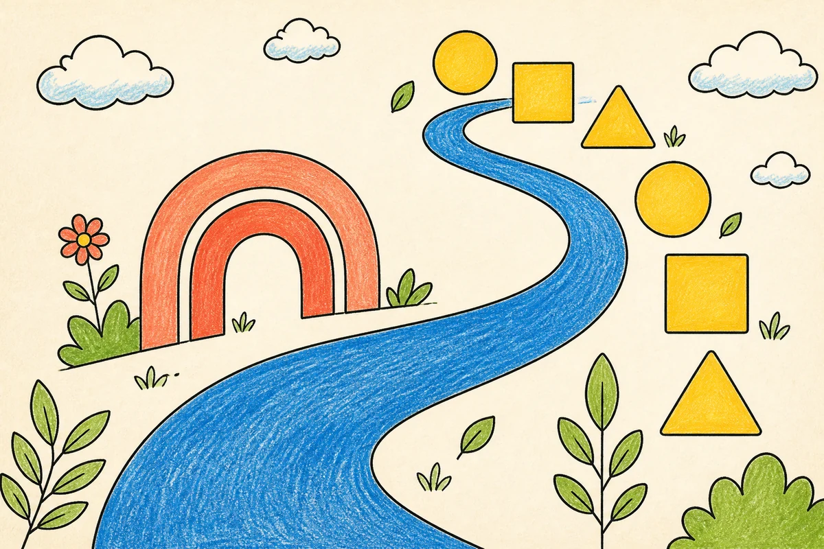 A broad blue road flowing past rainbow arches and large circles, squares, and triangles