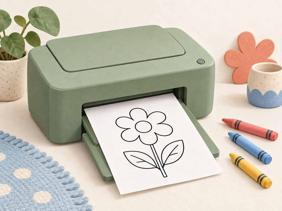 Illustrated sage-green printer with a complete flower coloring picture on its tray