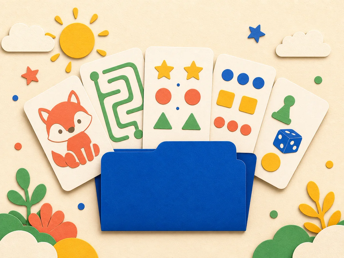 Printable activity book chooser with five sample activity cards