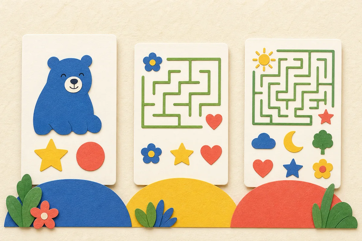 Three symbolic printable page designs progressing from simple open shapes to more detailed puzzles