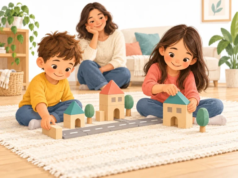 Illustration of two siblings building a block neighborhood, with a parent watching nearby