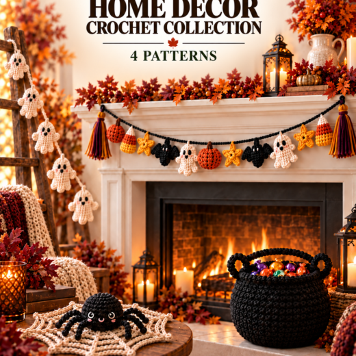 Ghost and Halloween mantel garlands above a fireplace, with a spider web and black crochet basket below.