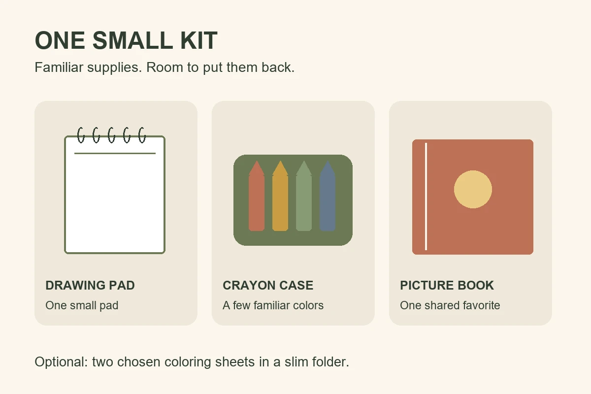 Three starter-kit items: one drawing pad, a crayon case and a picture book, with optional coloring sheets