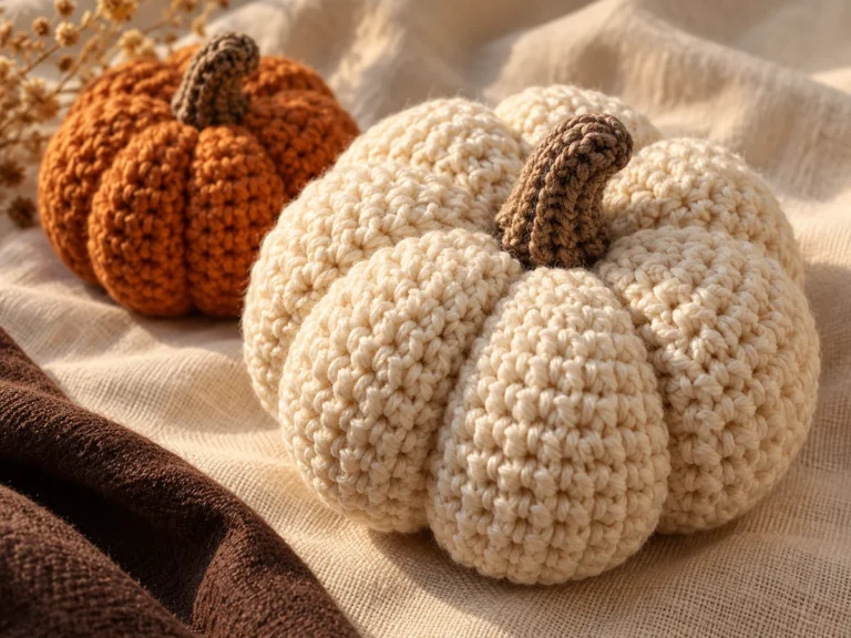 Editorial close-up of cream and warm orange crochet pumpkins with textured yarn and brown stems on linen.
