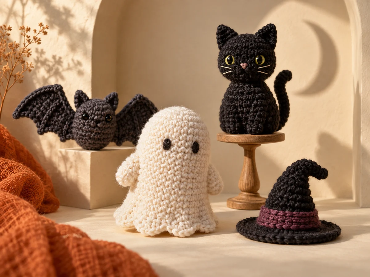 AI editorial crochet scene with an ivory ghost, charcoal bat, black cat and small plum-banded witch hat in a cream alcove.