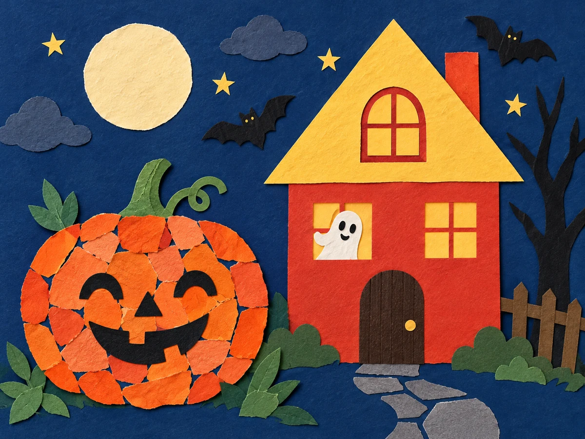 Paper collage of a patchwork pumpkin beside a colorful Halloween house under a pale moon.