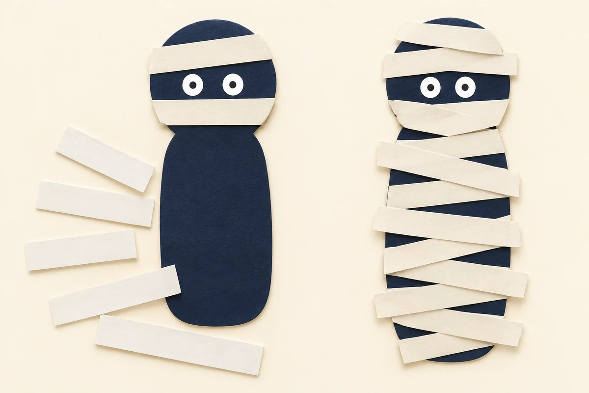 Two paper mummies show the eye gap left between strips and the body covered with overlapping paper bandages.