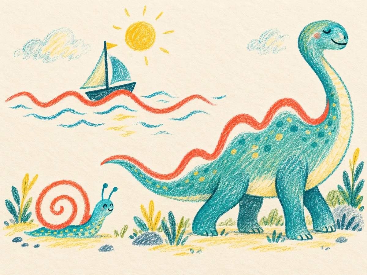Colored-pencil scene with coral squiggles forming a snail shell, waves and an imaginary teal creature.