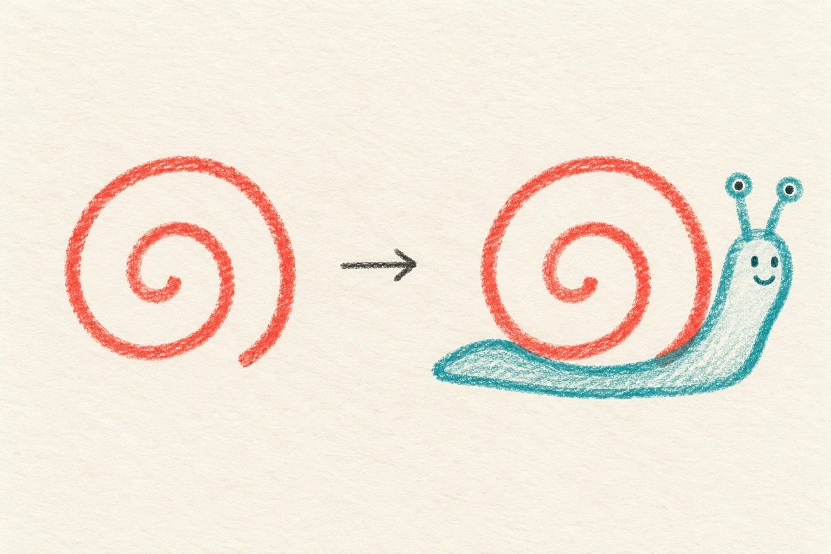 A coral spiral beside a snail drawing that uses the same spiral as its shell, with the added body in teal.